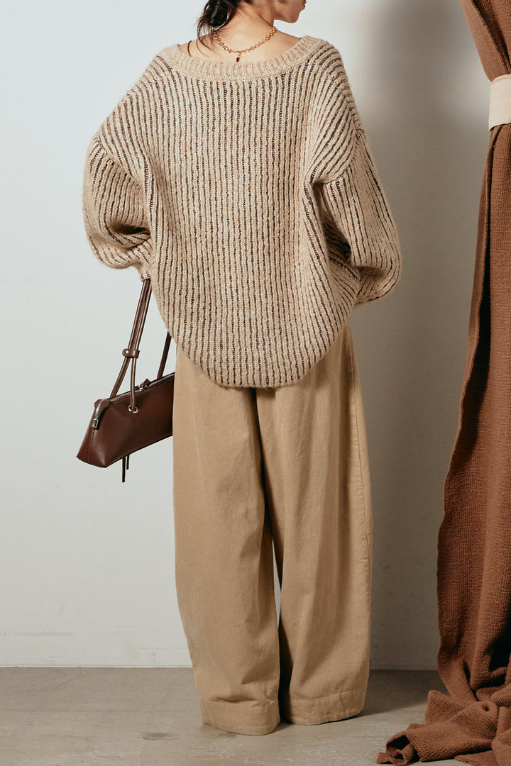 [SET]アルパカタッチ深Vニットトップス+タック入りコーデュロイワイドパンツ(2set)