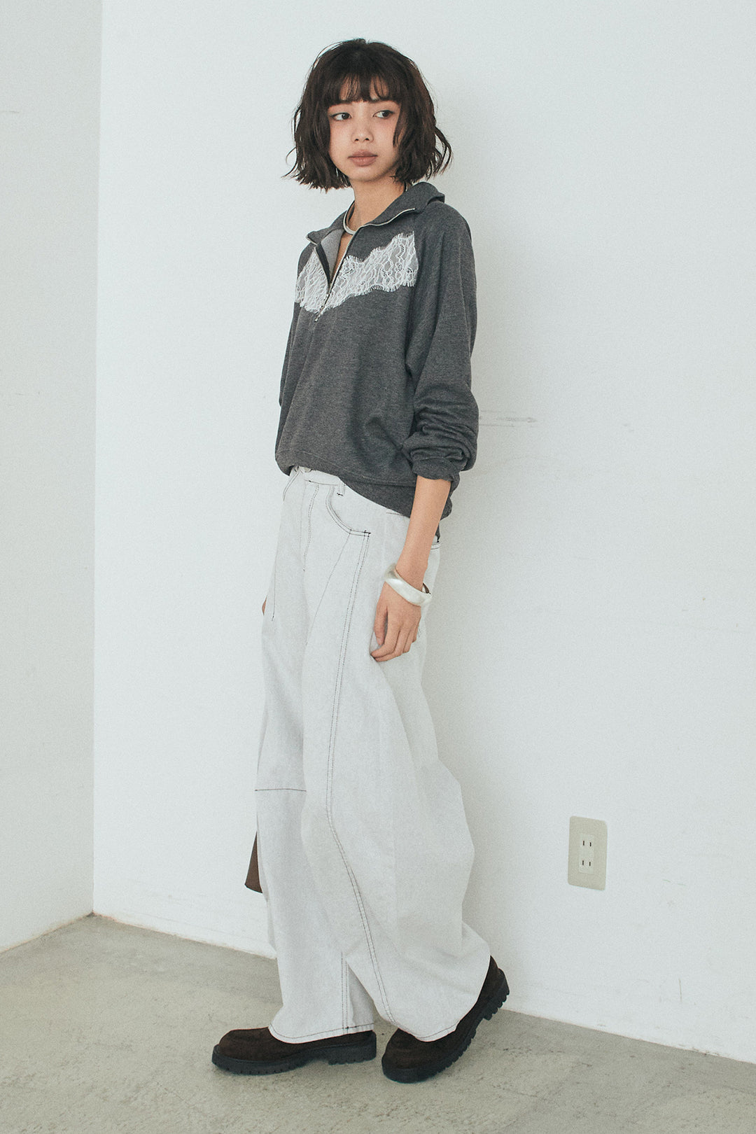 [SET]リバーレースハーフジップ裏毛スウェット+ツイル配色ステッチバレルパンツ(2set)