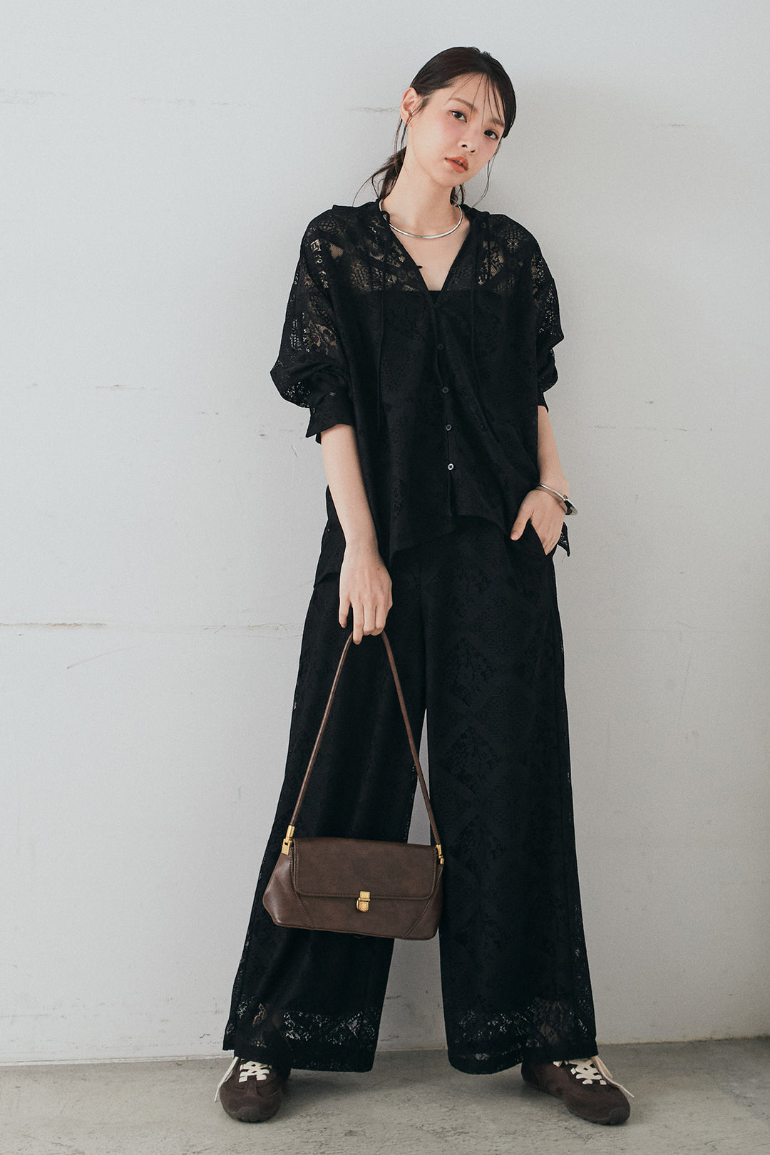 [SET]ブロックレースフード付きブラウス+リラックスブロックレースワイドパンツ(2set)