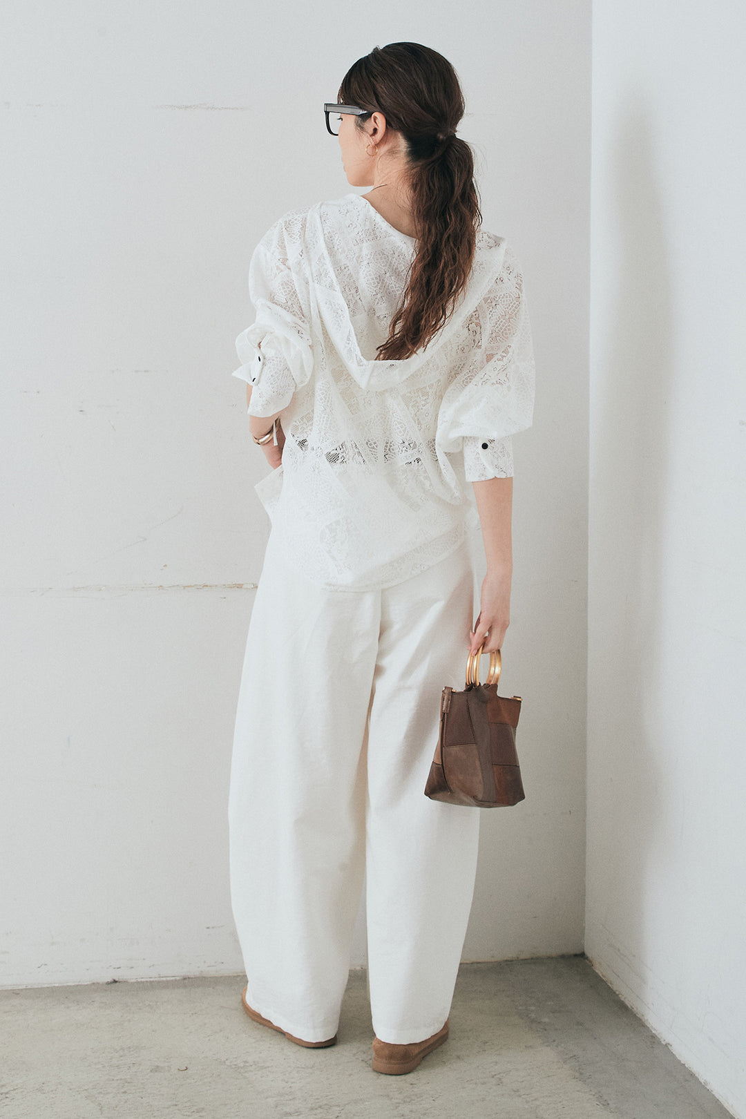 [SET]ブロックレースフード付きブラウス+ベルト付きサイドタックワイドパンツ(2set)