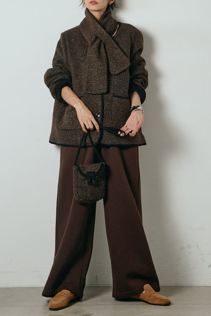 [SET]ノーカラーマフラーバッグ付きアウター+裏起毛スウェットワイドパンツ(2set)