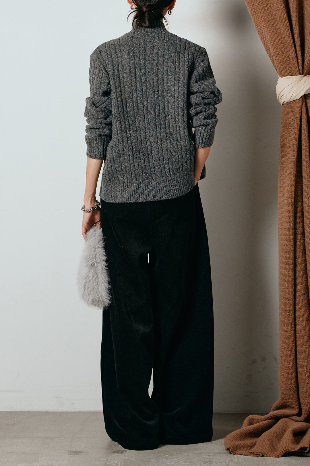 [SET]ボトルネックケーブルニットカーディガン+ベルトループコーデュロイワイドパンツ(2set)