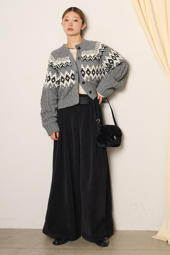 [SET]2WAY求心柄ジャガードショートカーディガン+ベルトループコーデュロイワイドパンツ(2set)