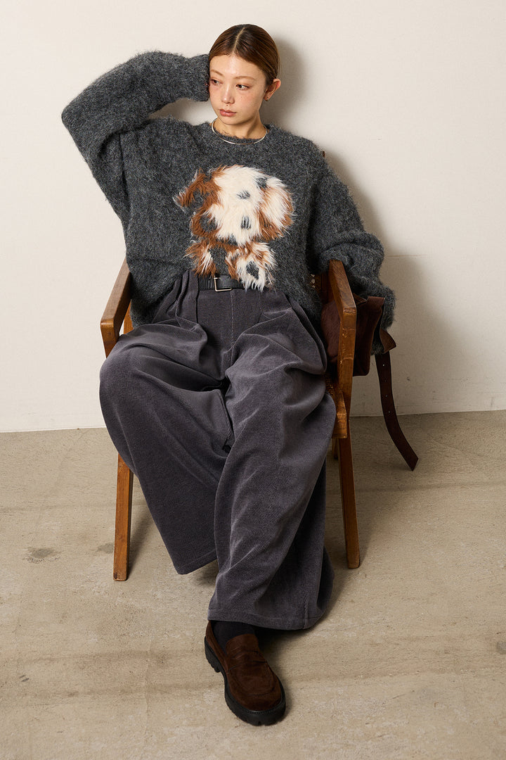 [SET]シャギーニュアンスアニマルニット+ベルトループコーデュロイワイドパンツ(2set)