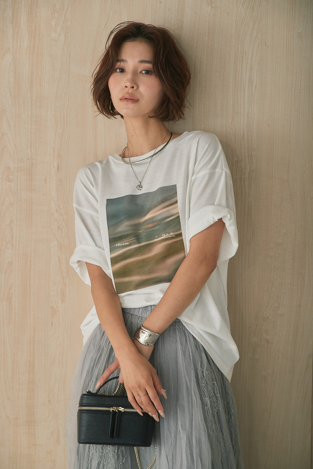[SET]MarbleプリントTシャツ+レースコンビワッシャーギャザースカート(2set)