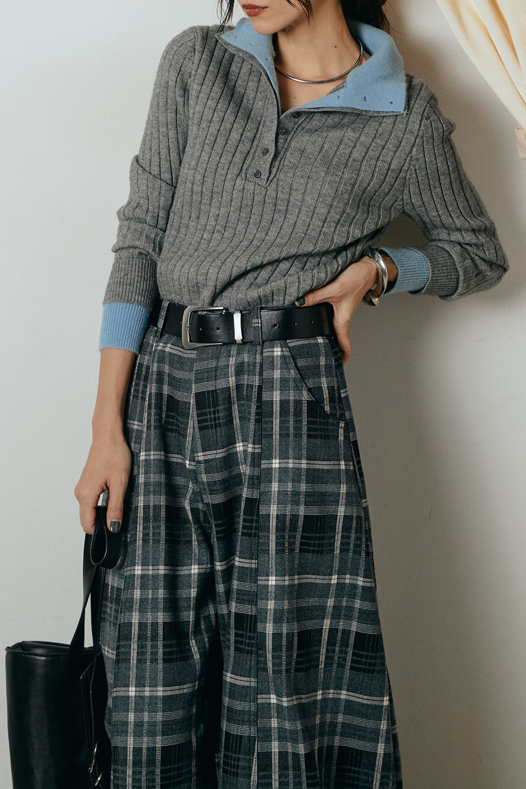 [SET]レイヤード風リブニットトップス+ベルト付きタータンチェックカーブワイドパンツ(2set)