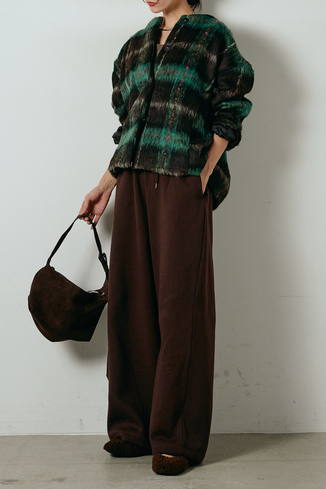 [SET]ノーカラーシャギーチェックアウター+裏起毛スウェットワイドパンツ(2set)