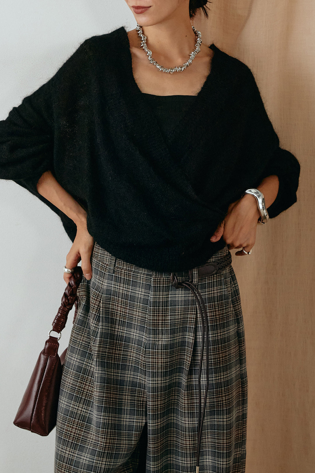 [SET]カシュクールデザインニット+編みベルト付きタータンチェックワイドパンツ(2set)
