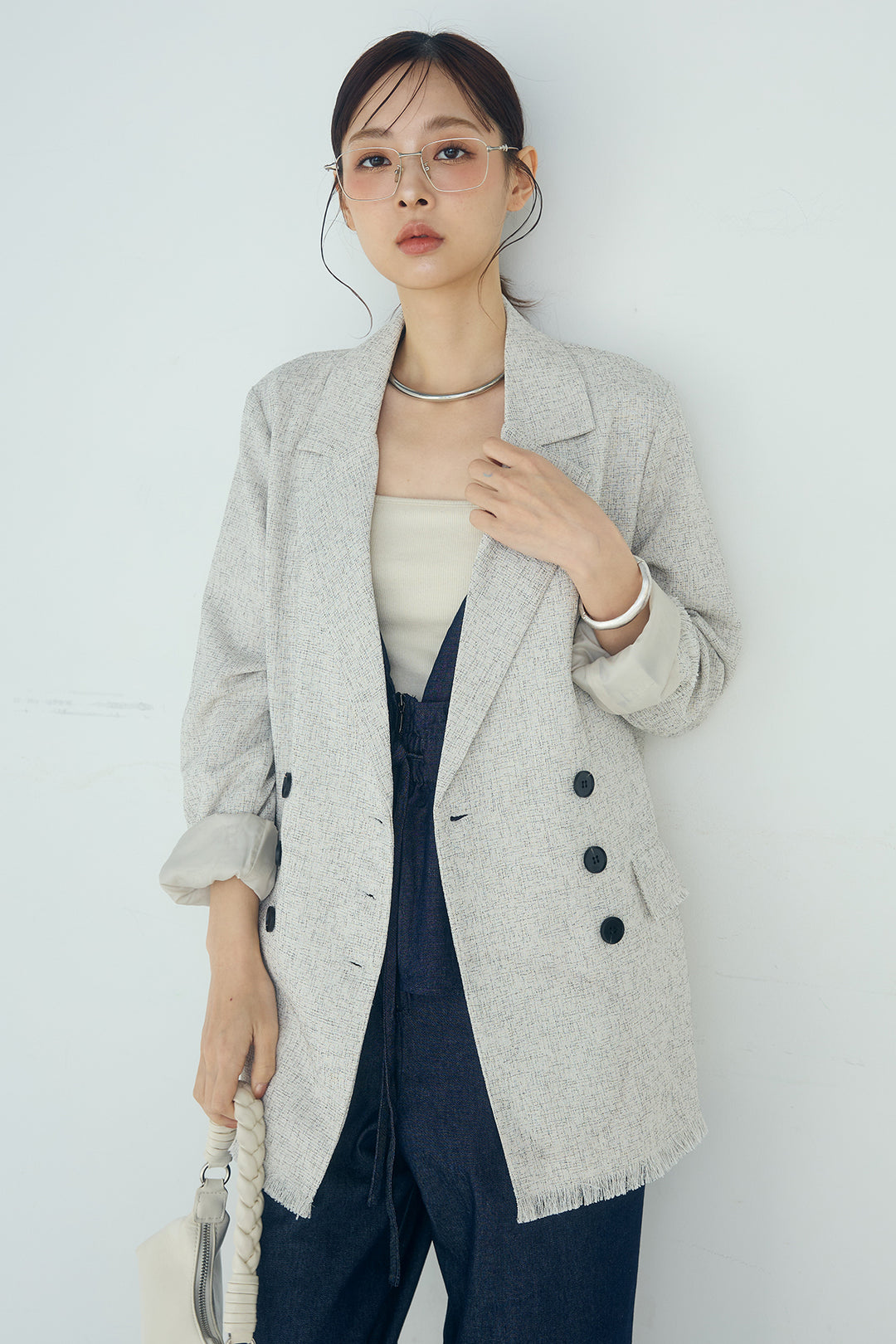 [SET]スラブネップツイードフリンジテーラードジャケット+デニムペプラムコンビネゾン(2set)