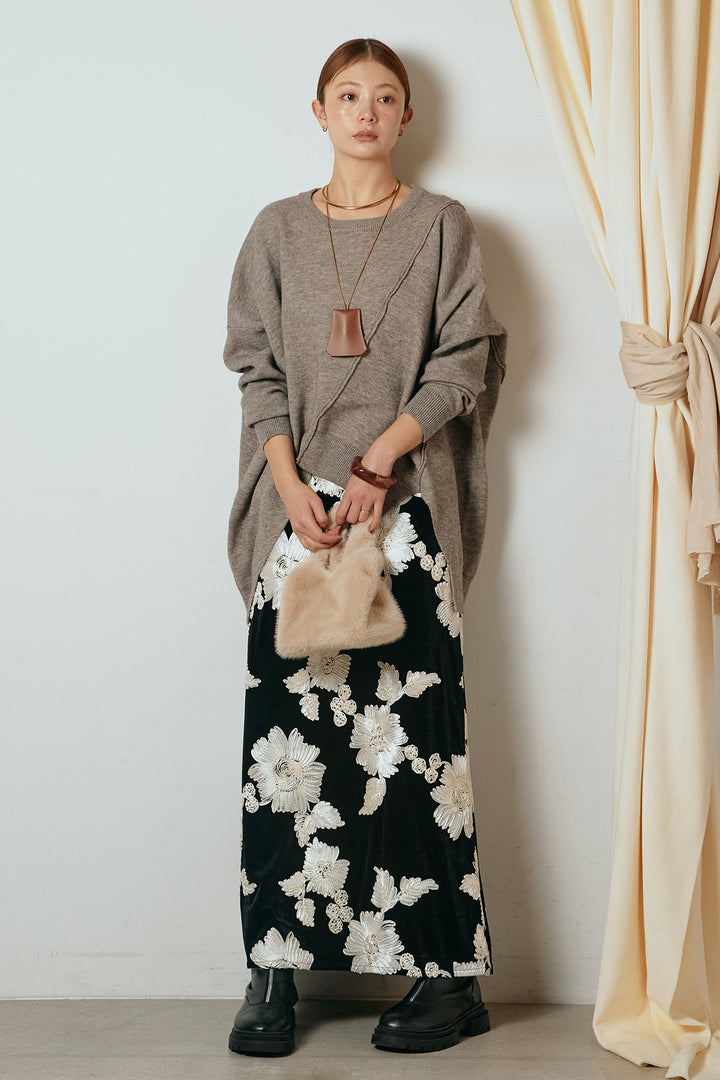 [SET]アシンメトリーデザインニットトップス+フラワー刺繍ワイドスカート(2set)