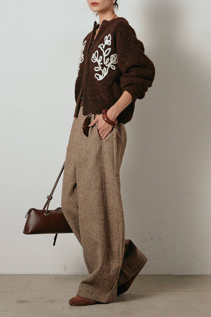 【即納】ベルト付きネップツイードカーブパンツ/コーヒー