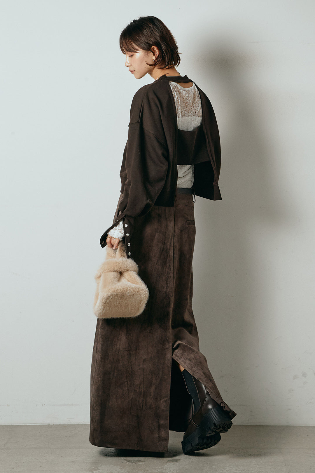 [SET]裏毛バックオープンプルオーバー+エコスウェードワイドスカート(2set)