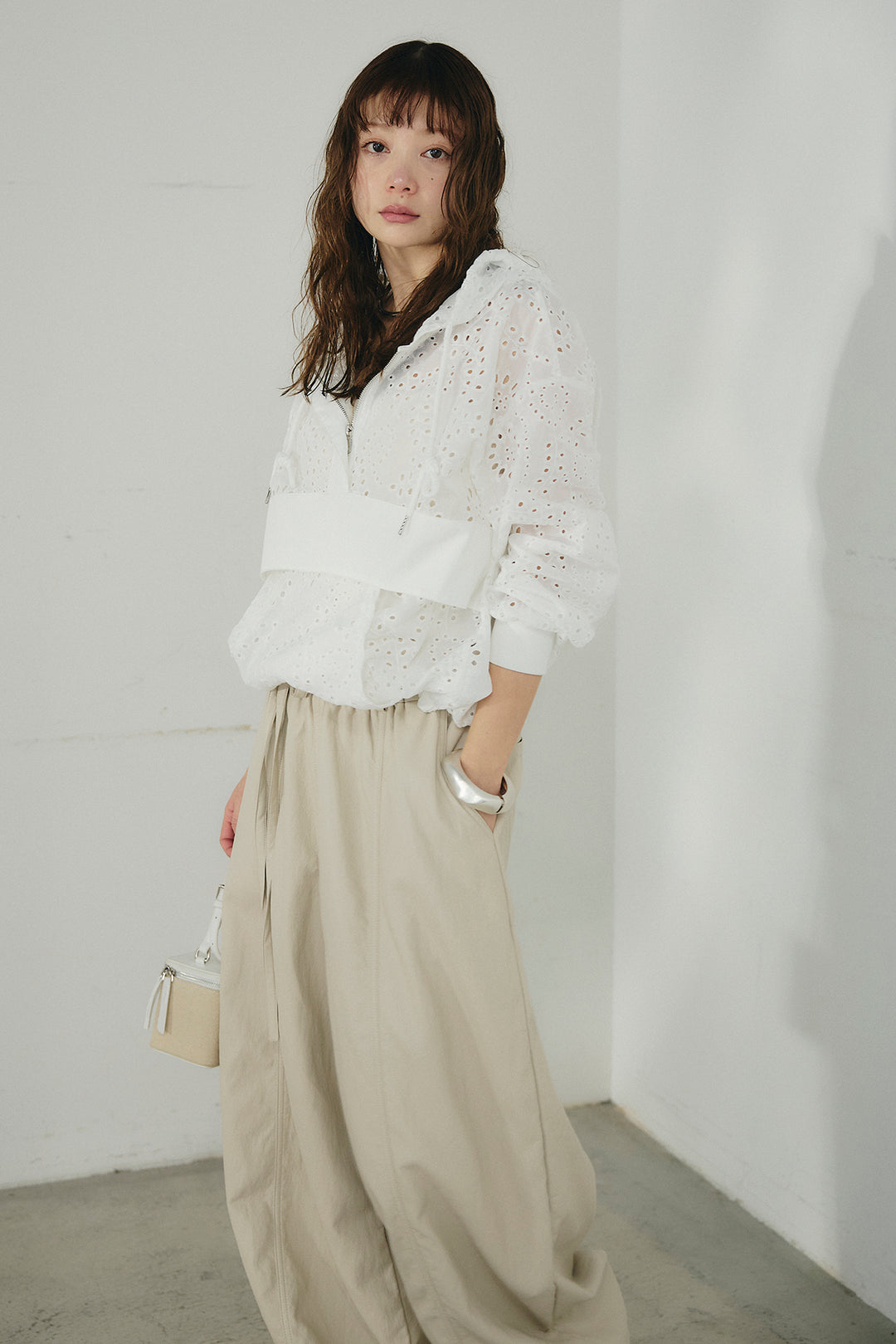 [SET]レースハーフジップアップフーディー+フェイクレザーカーブワイドパンツ(2set)