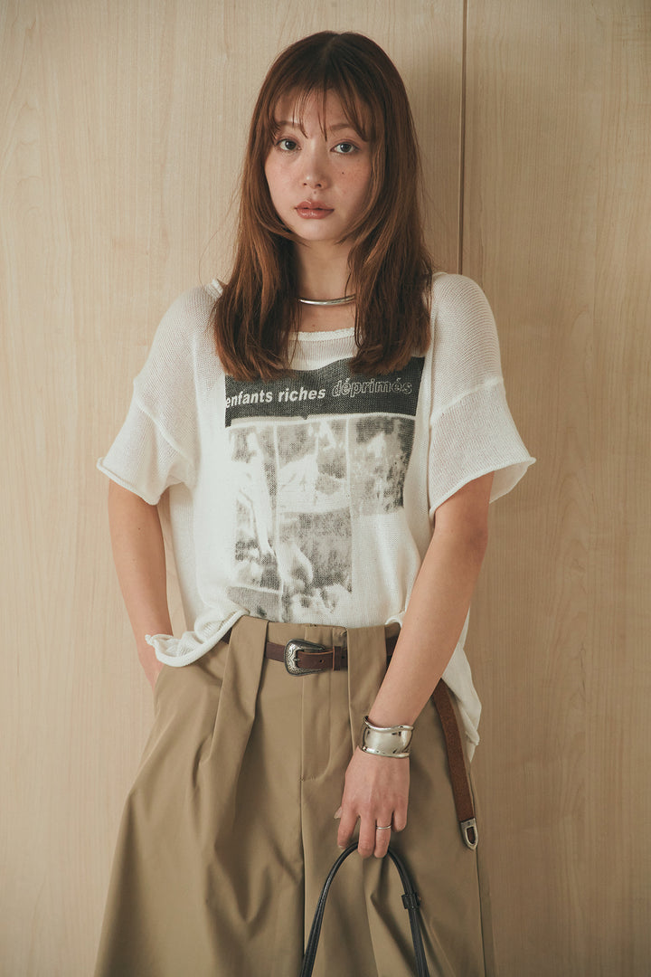 [SET]半袖モノトーングラフィックトップス+ベルトループデザインハイウエストタックパンツ(2set)