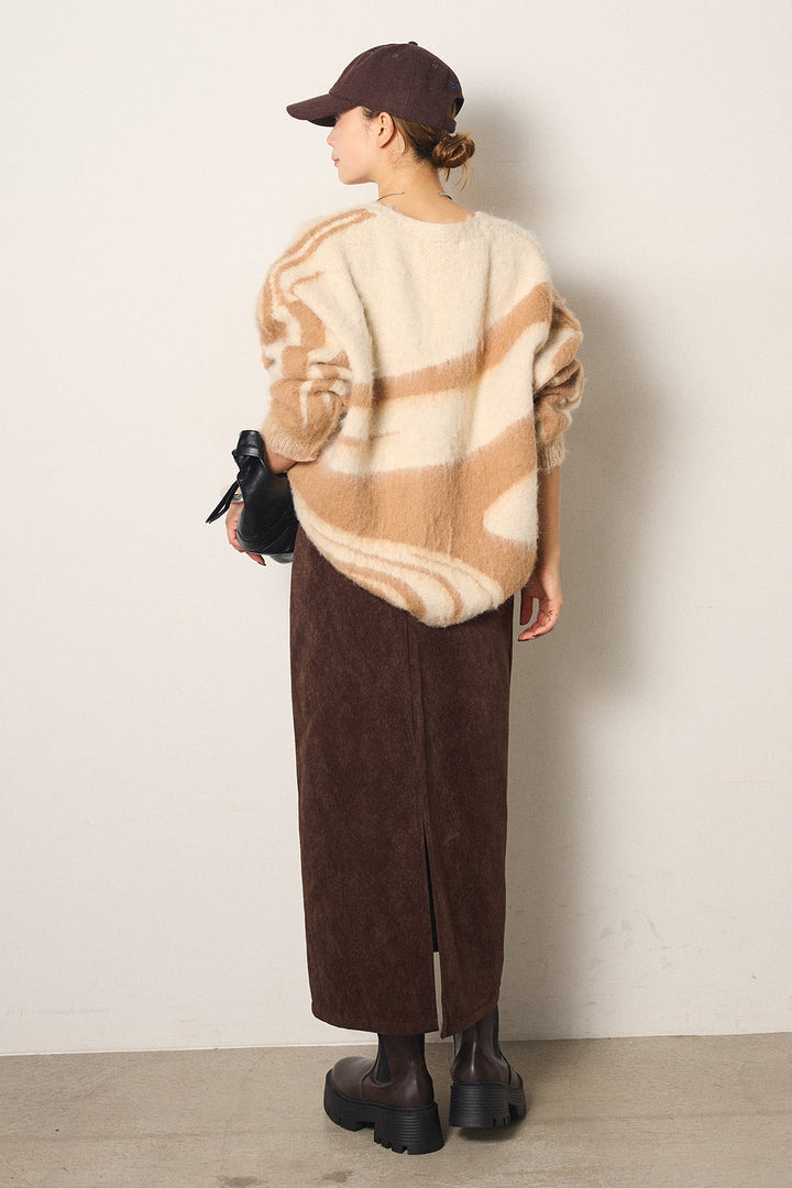 [SET]アクセントブラッシュドカーディガン+ロープベルト付きスウェード調スカート(2set)