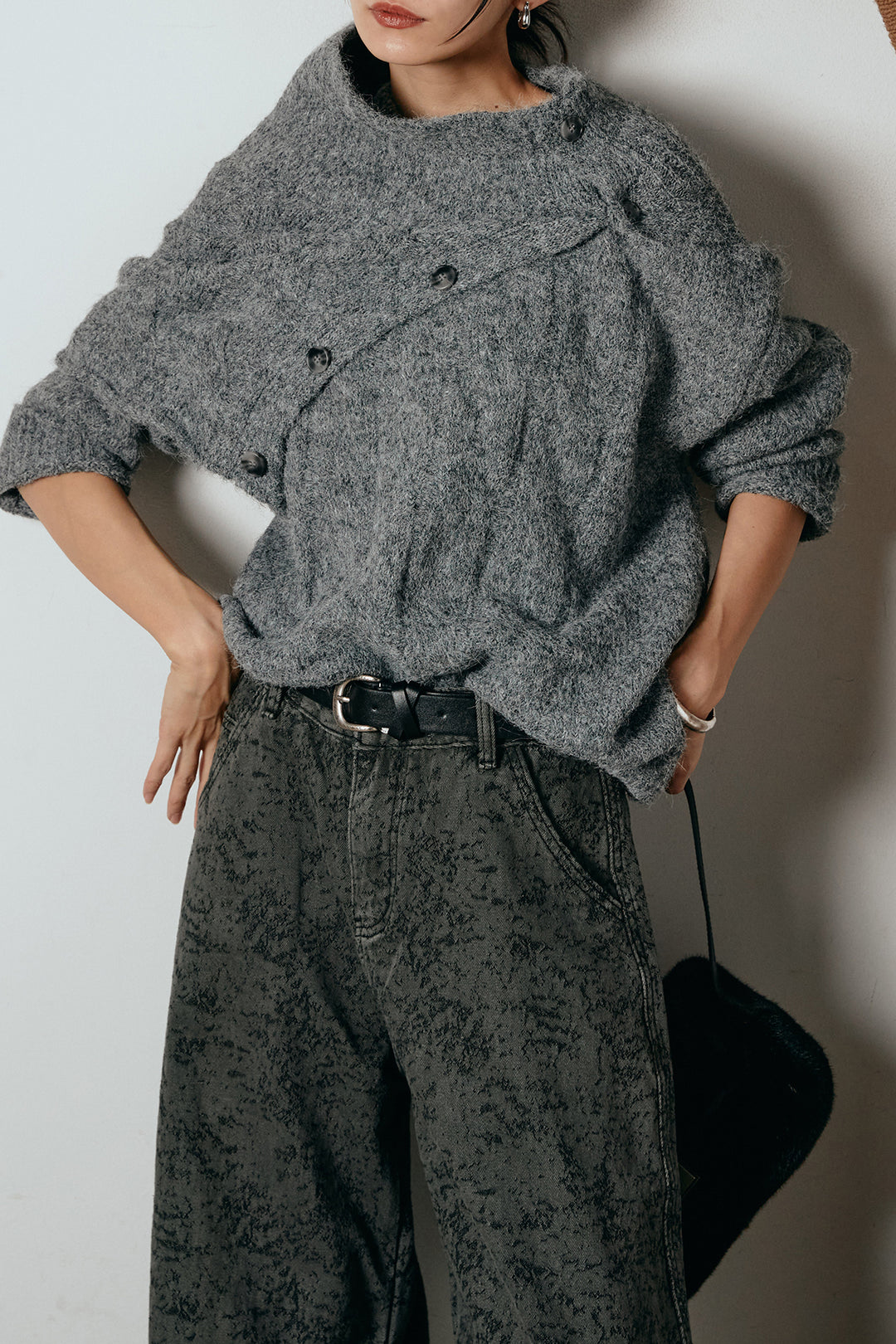 [SET]ケープデザインケーブルニットトップス+ベルト付きニュアンス柄カーブワイドパンツ(2set)