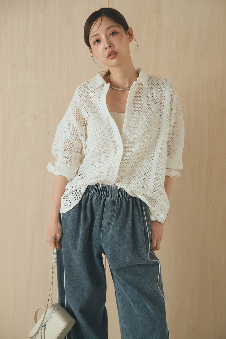 [SET]長袖襟付きレースシャツ+ドロストサイドラインデニムパンツ(2set)