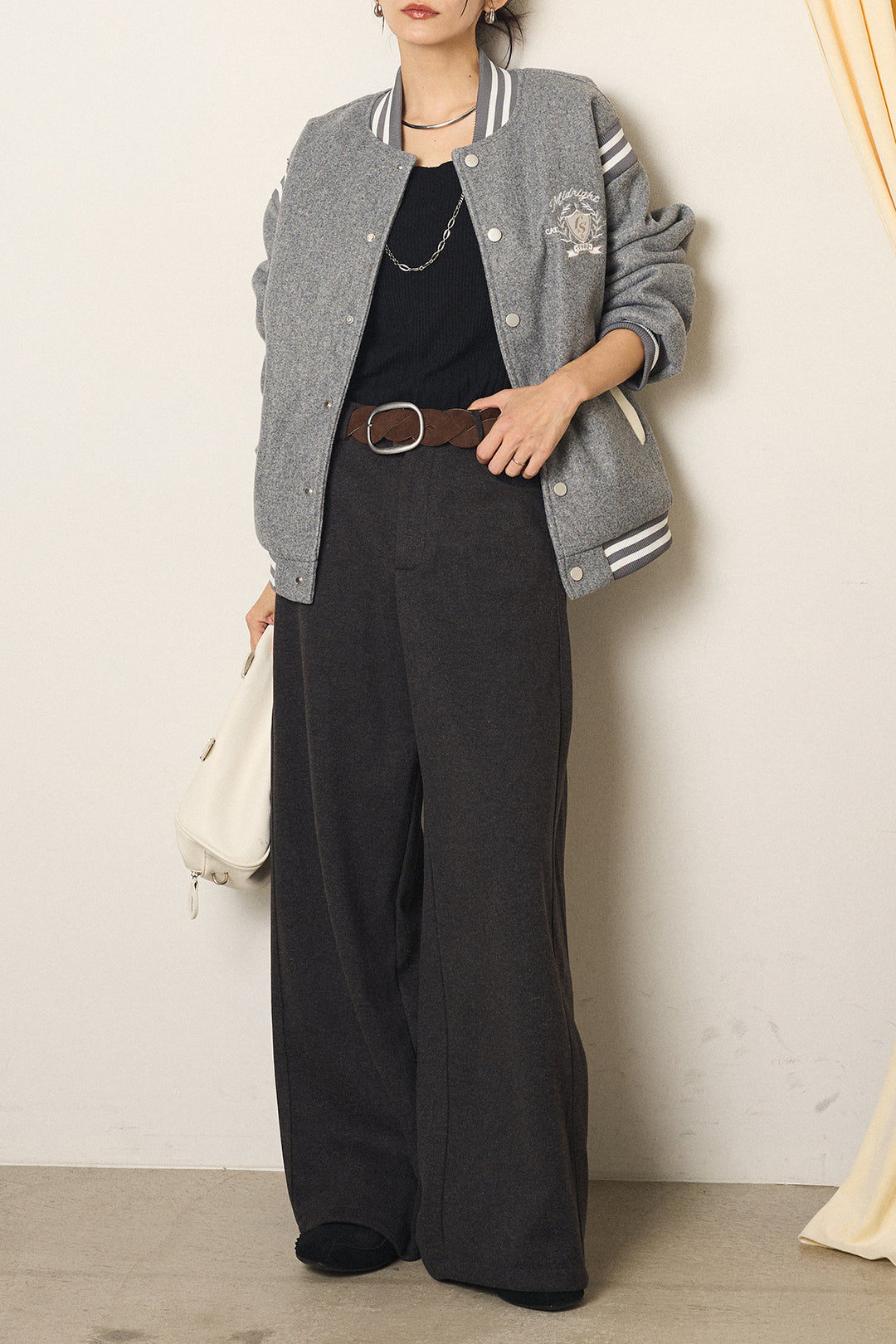 [SET]ワンポイントデザインブルゾン+編みベルト付きワイドパンツ(2set)