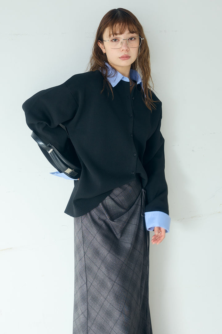 [SET]シャツレイヤード風カーディガン+タータンチェック柄フロントデザインスカート(2set)