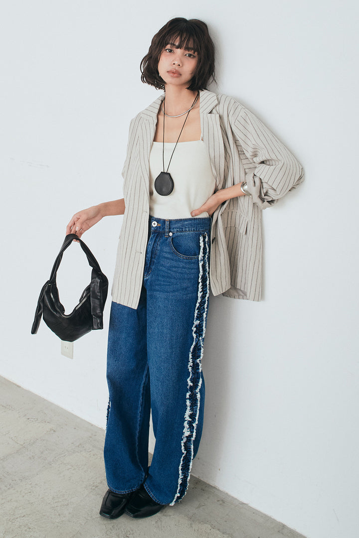 [SET]リネンライクストライプテーラードジャケット+デニムサイドフリルパンツ(2set)