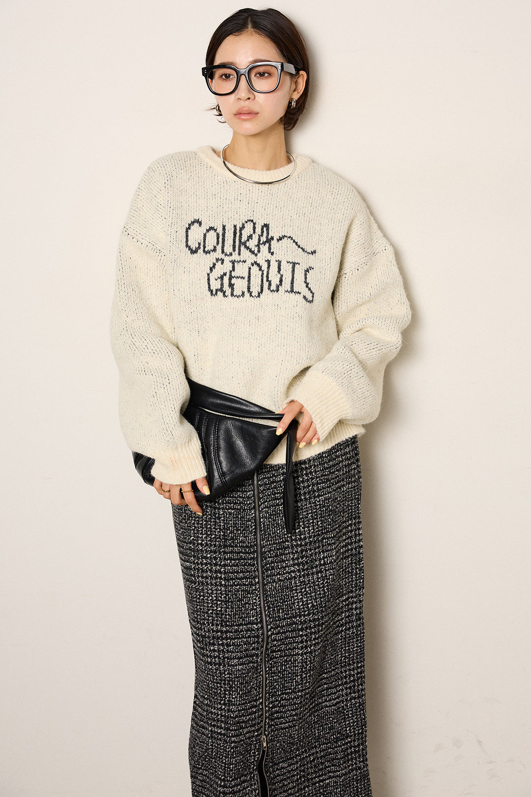 [SET]ロゴシャギーニットプルオーバー+グレンチェック柄フロントジップタイトスカート(2set)