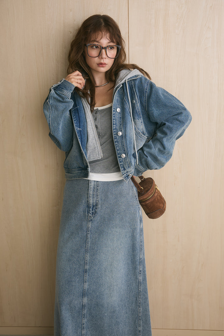[SET]フーディー付きデニムブルゾン+配色ヘンリーネックタンクトップ+デニムロングフレアスカート(3set)