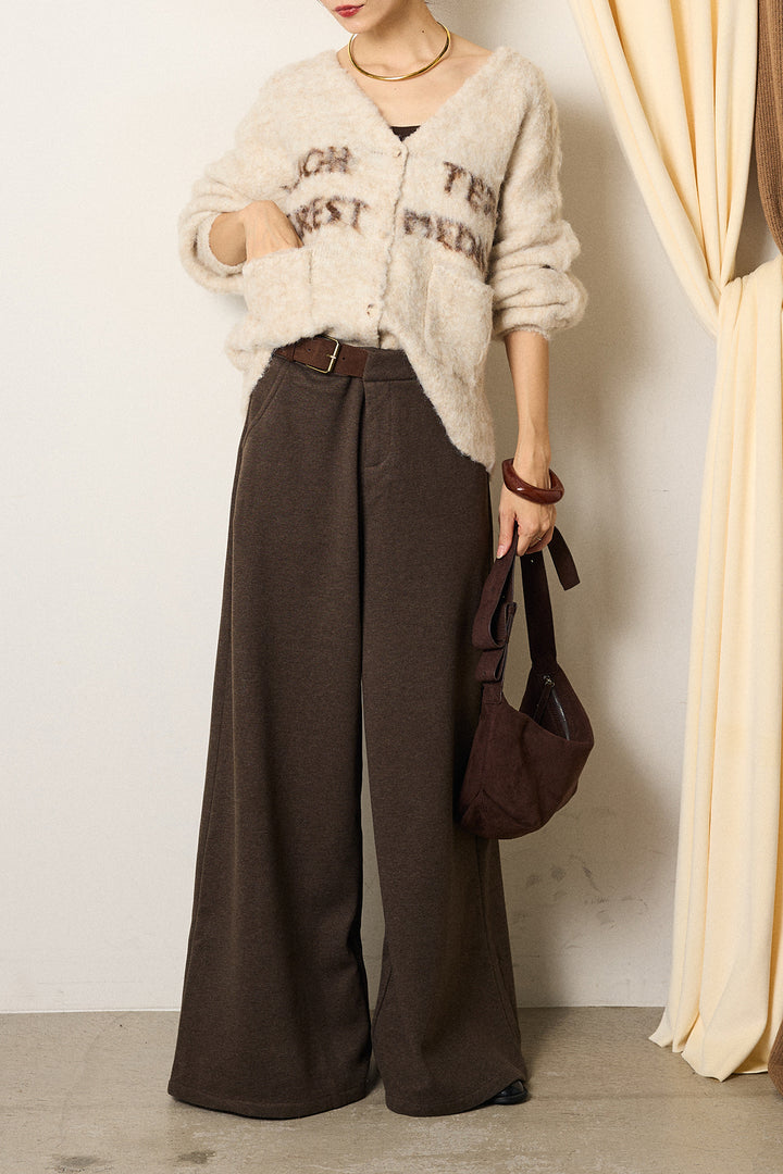 [SET]ウール混透かしロゴニットカーディガン+サイドベルトパンツ(2set)