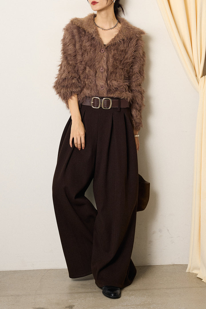 [SET]襟付きシャギーニットカーディガン+フェイクレザー太ベルト付きタックワイドパンツ(2set)