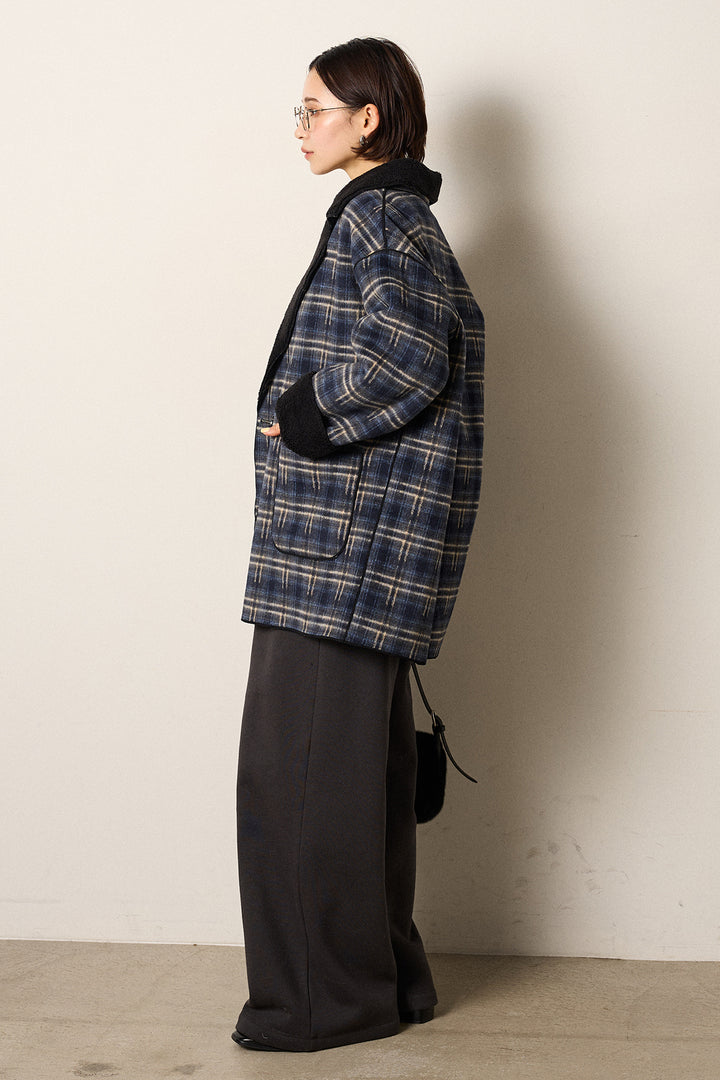 [SET]裏地ボアタータンチェック柄ミディアムコート+裏起毛スウェットワイドパンツ(2set)