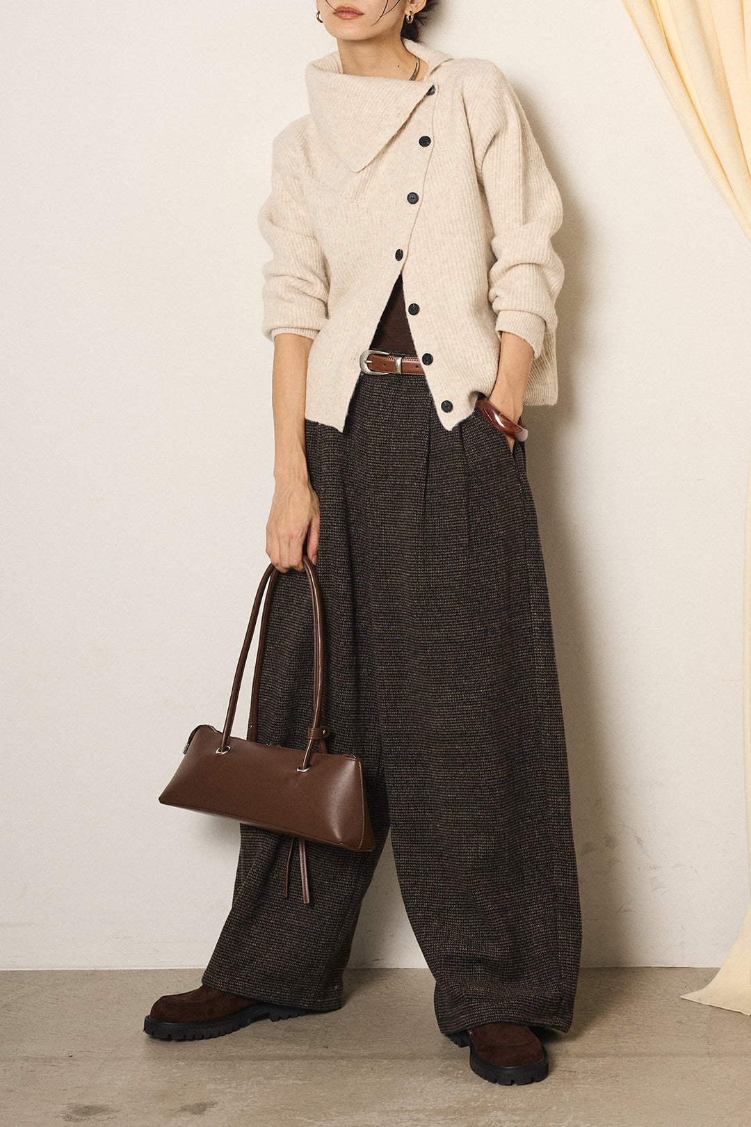 [SET]ボタンデザインネックニットプルオーバー+起毛タック入りツイードワイドパンツ(2set)