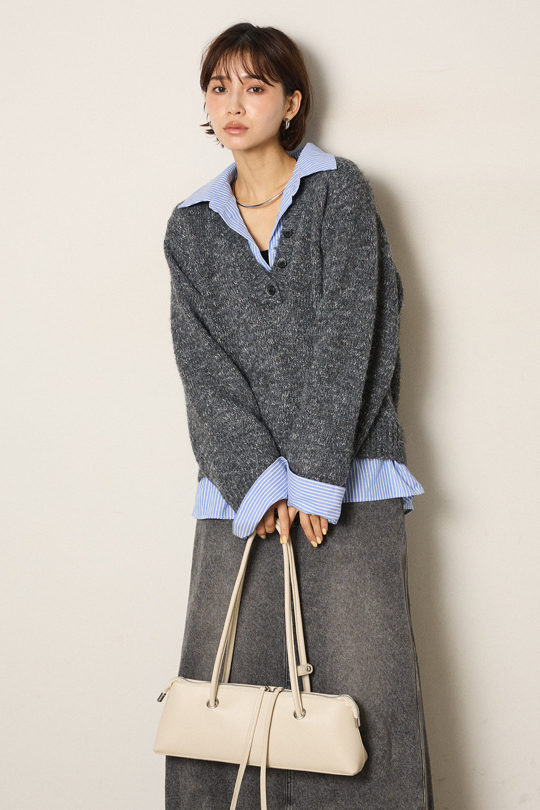 [SET]ストライプシャツドッキングニットポロトップス+デニムロングフレアスカート(2set)