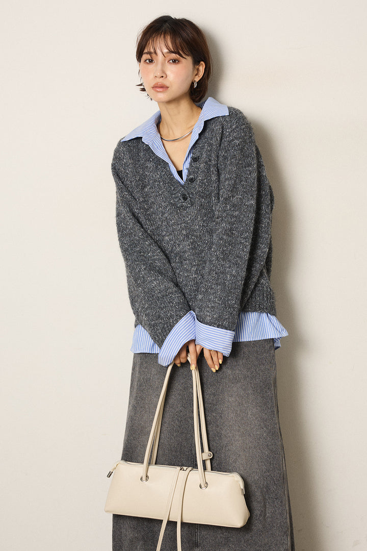 [SET]ストライプシャツドッキングニットポロトップス+デニムロングフレアスカート(2set)