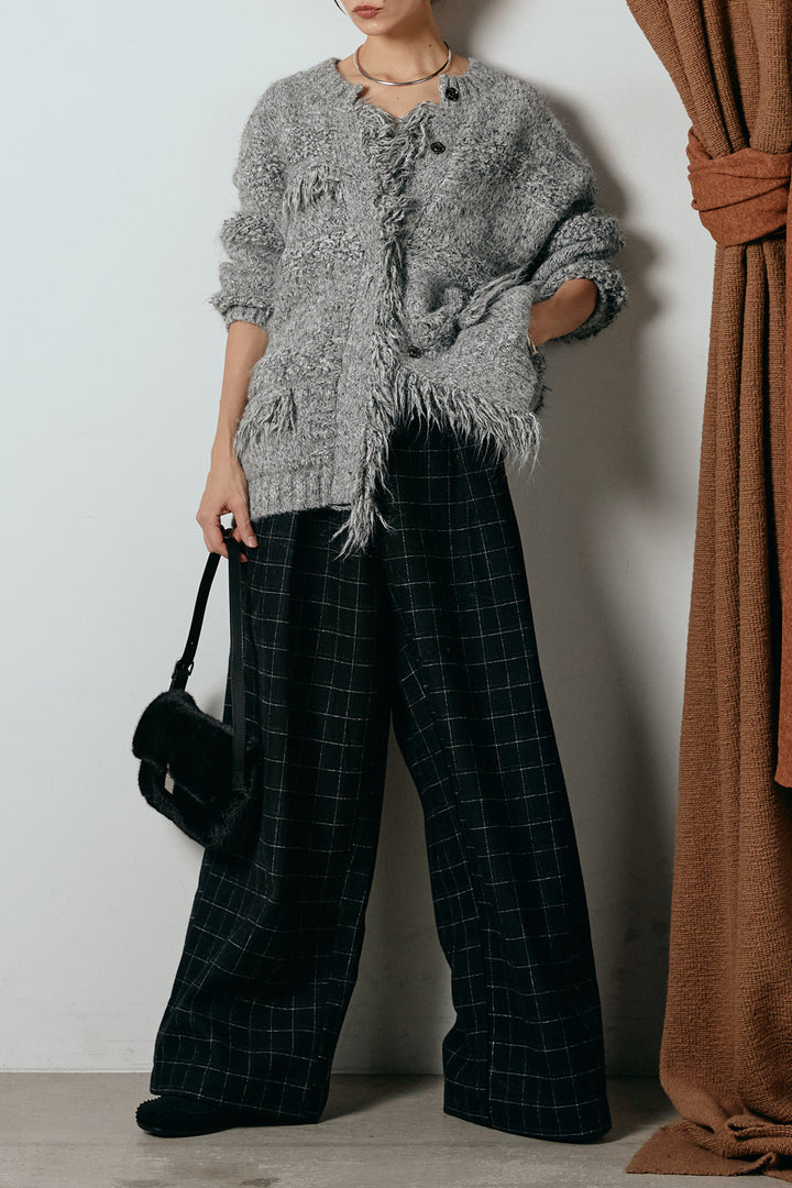 [SET]フリンジニットカーディガン+ウールライクチェックタックパンツ(2set)