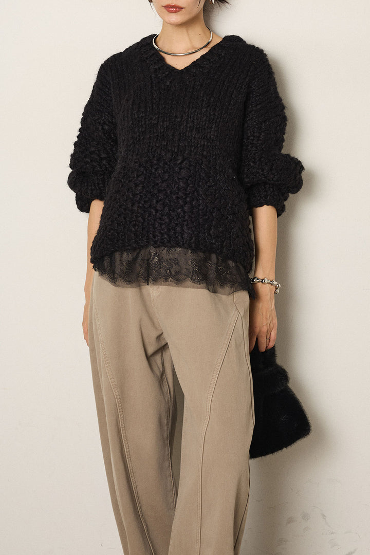 [SET]Vネックハンド編みニットトップス+レース切り替えキャミソール(2set)