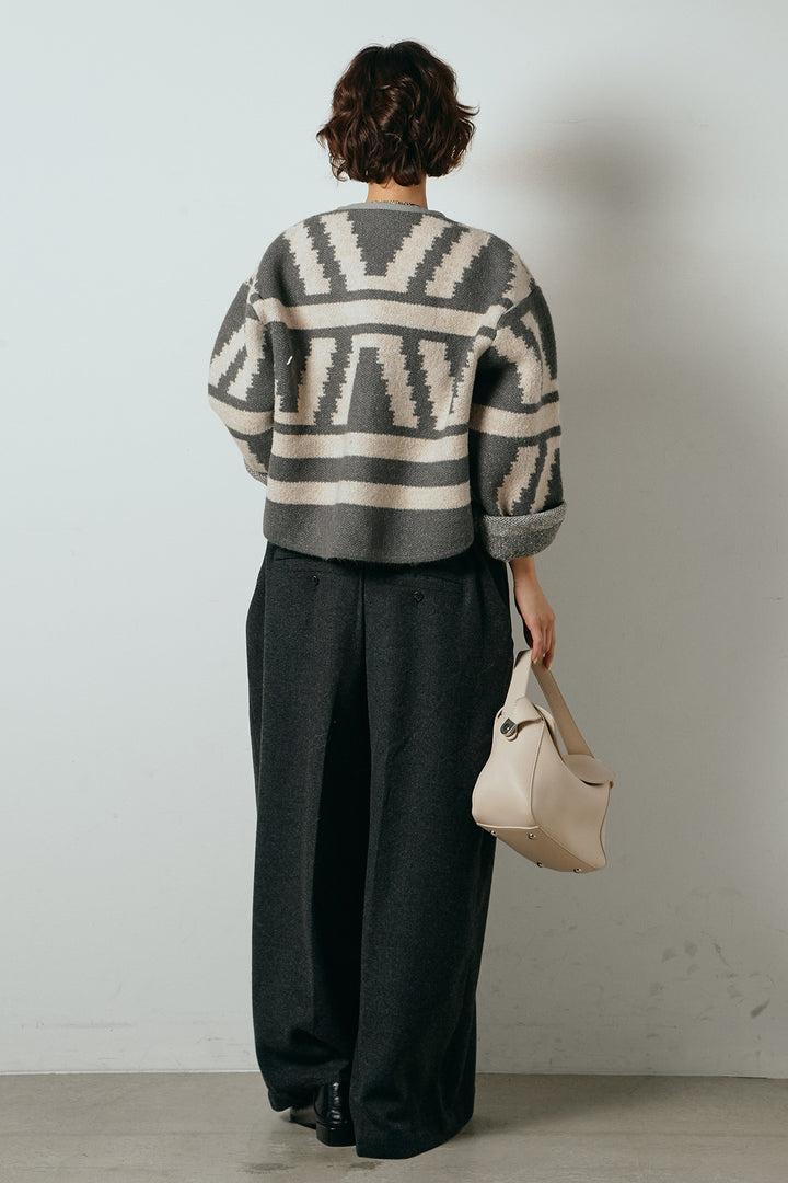 [SET]ノーカラー幾何学模様アウター+ウール混フランネルワイドサロペット(2set)