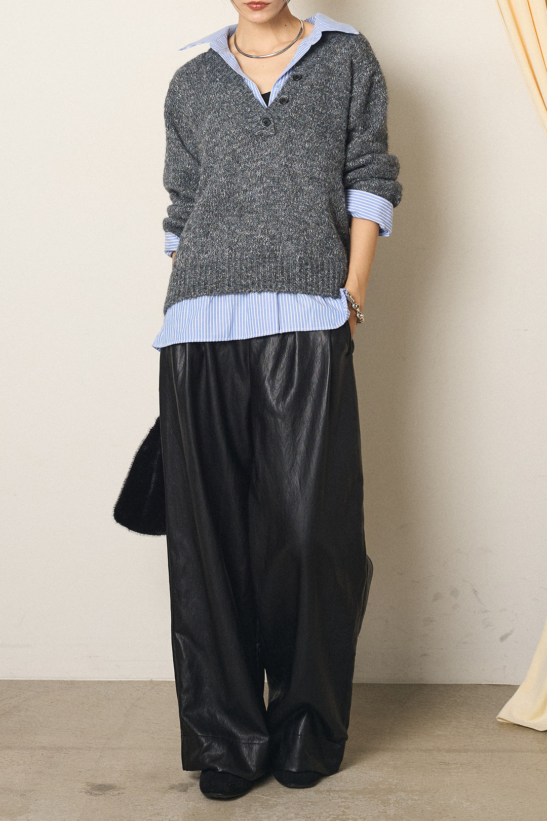 [SET]ストライプシャツドッキングニットポロトップス+ベルト付きレザーライクタックパンツ(2set)