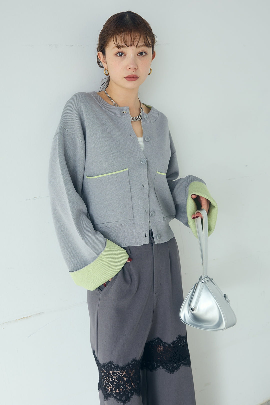 [SET]レーヨンポリダブルフェイスカーディガン+レース刺繍切替ワイドパンツ(2set)