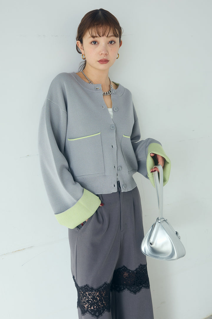 [SET]レーヨンポリダブルフェイスカーディガン+レース刺繍切替ワイドパンツ(2set)