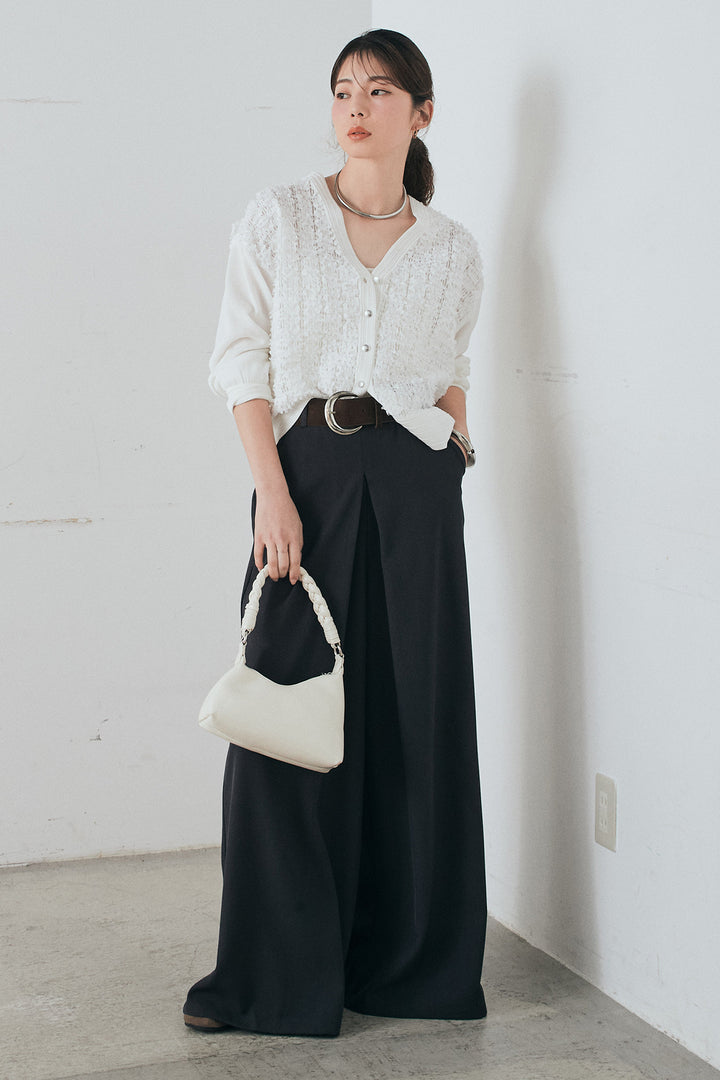 [SET]モコレースVネックカーディガン+太ベルト付きフロントタックパンツ(2set)