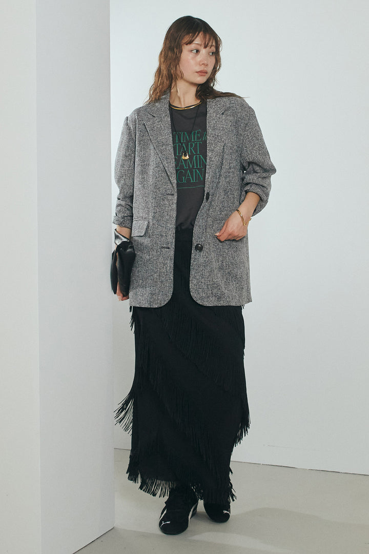[SET]ミックスツイードベルト付きジャケット+斜めフリンジデザインスカート(2set)