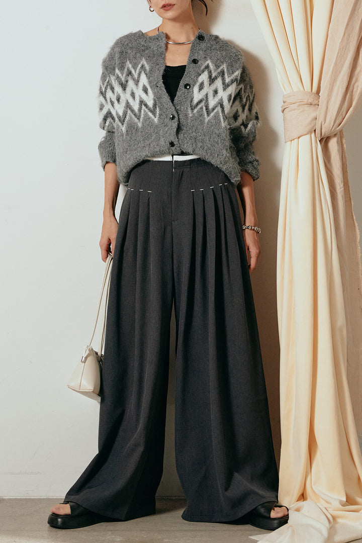 [SET]起毛ノルディック柄ニットカーディガン+ウエストステッチデザインワイドスラックス(2set)