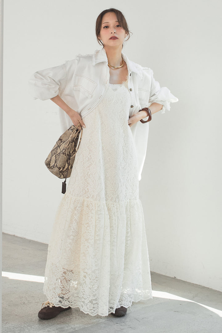 [SET]フリンジデニムジャケット+レース刺繍フレアキャミワンピース(2set)