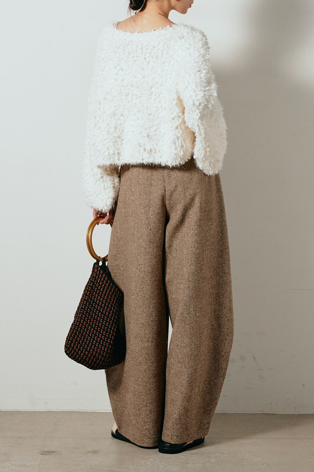 [SET]深Vネックチョウチョヤーンニットトップス+ベルト付きネップツイードカーブパンツ(2set)