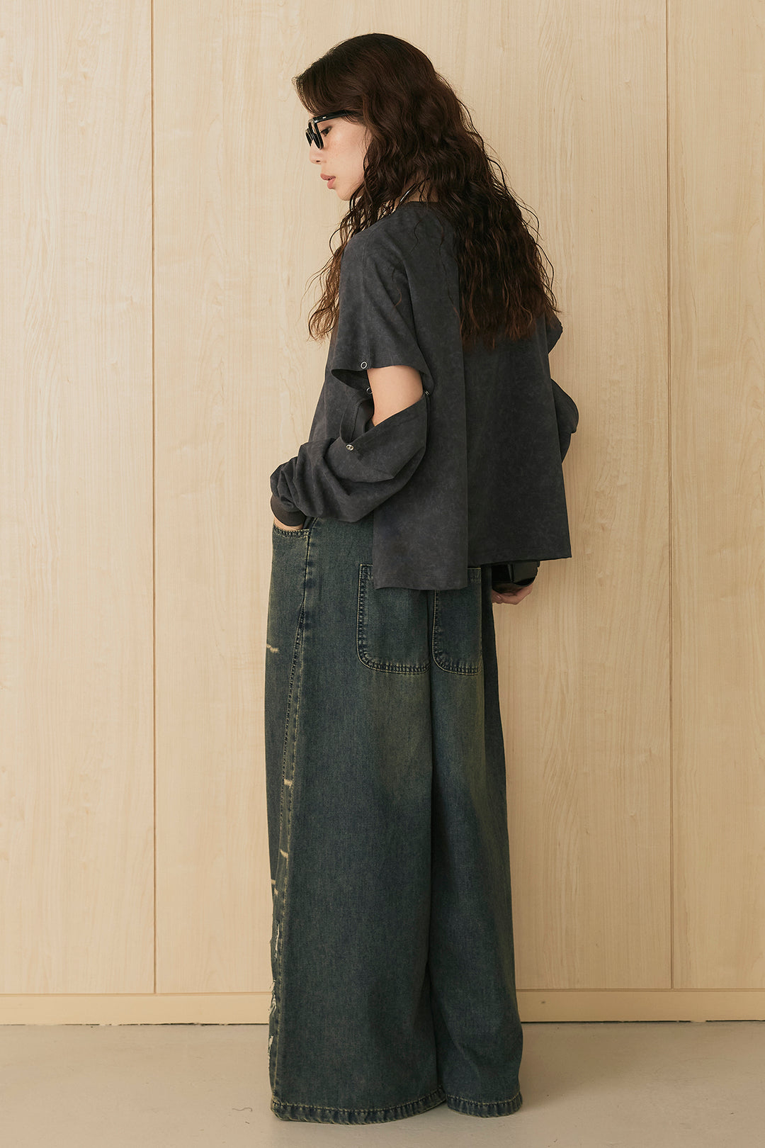 [SET]セパレートフェードTシャツ+ランダムダメージデニムワイドパンツ(2set)