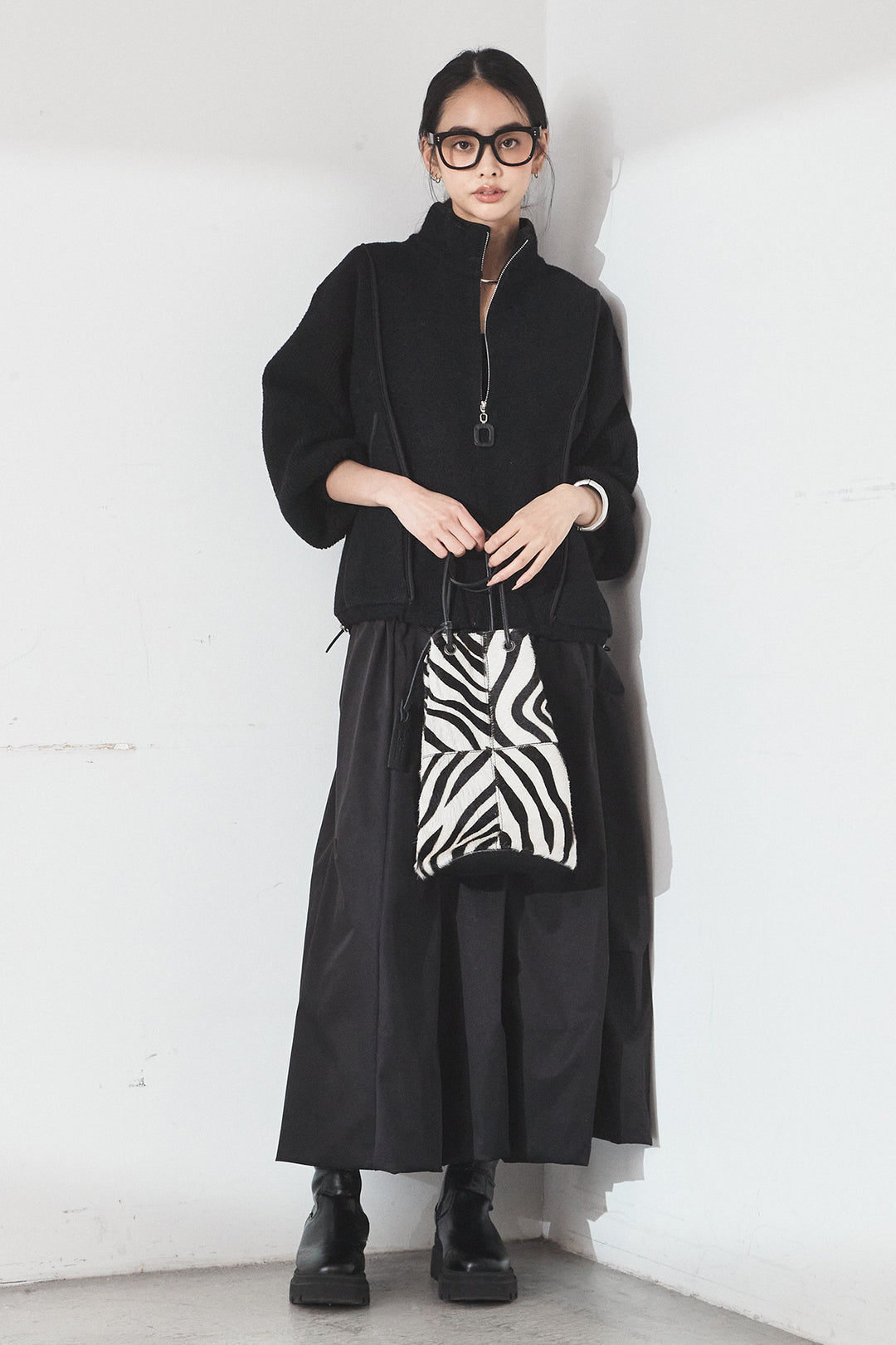 [SET]ハイネックパイピングデザインブルゾン+ランダムタックバルーンスカート(2set)