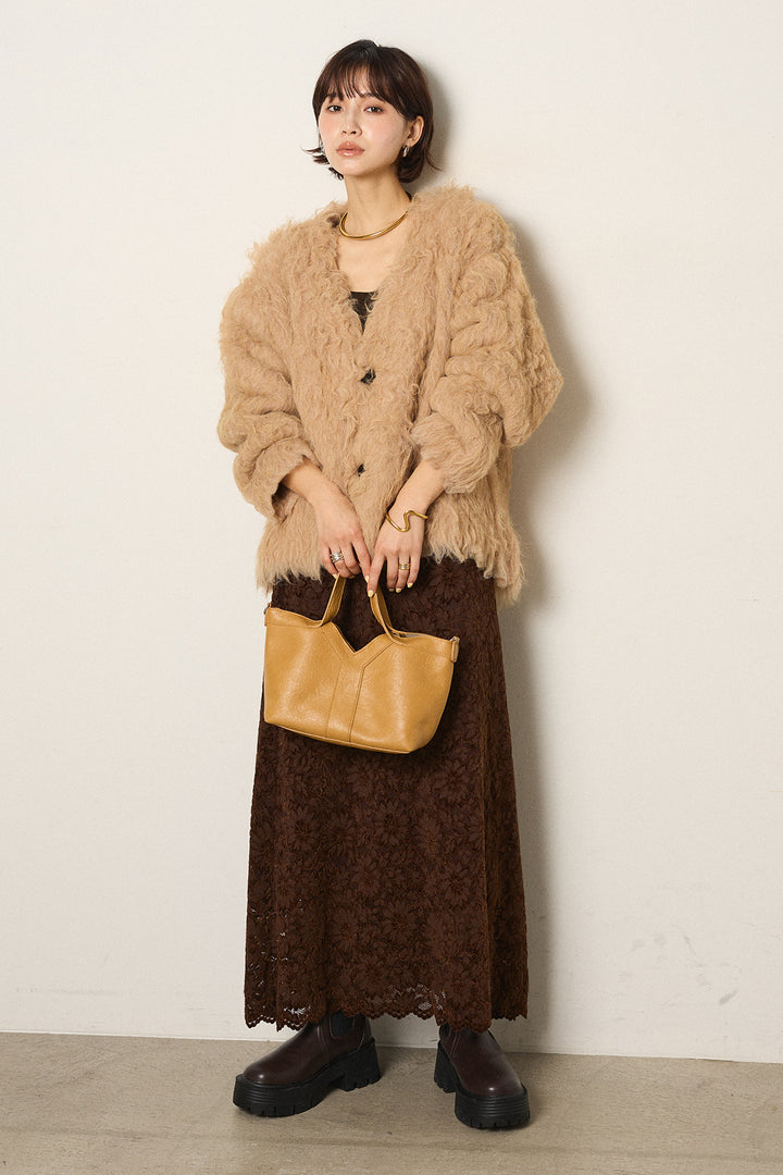 [SET]起毛シャギーニットカーディガン+花柄刺繍ベロアフレアスカート(2set)