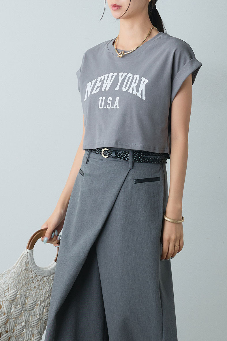 [SET]ショート丈NEWYORKロゴTシャツ+ベルト付きクロスデザインパンツ(2set)