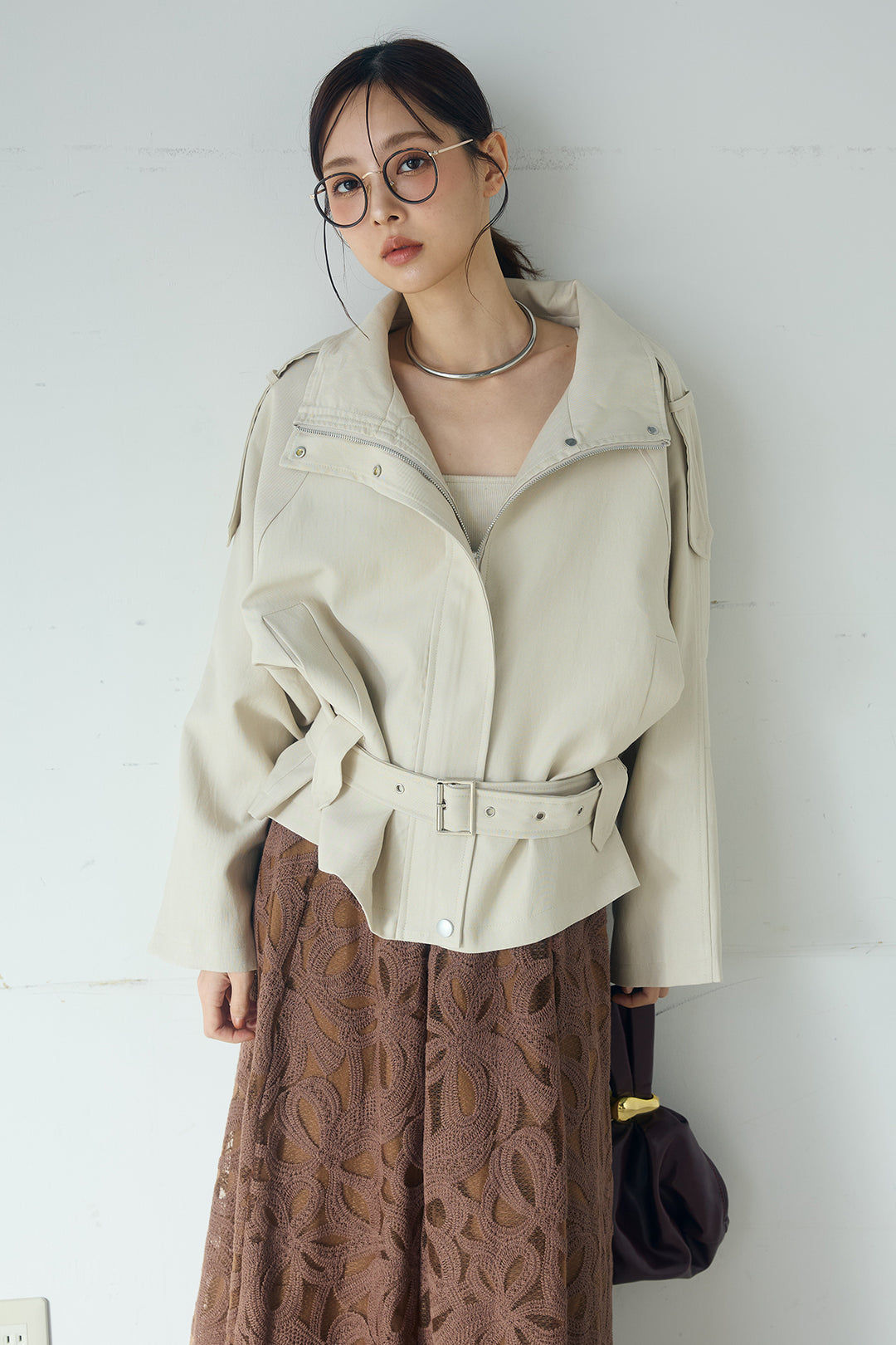 [SET]ベルト付きスタンドネックアウター+ニュアンス柄刺繍スカート(2set)