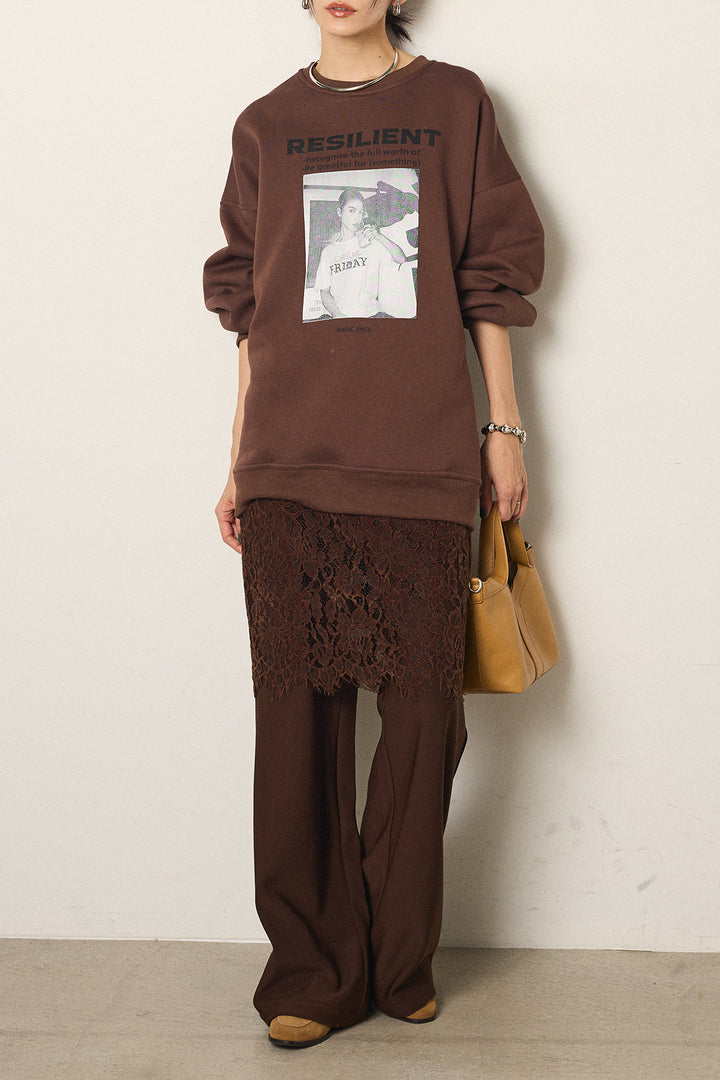 [SET]モノトーンプリントスウェット+レース刺繍レイヤードフレアパンツ(2set)