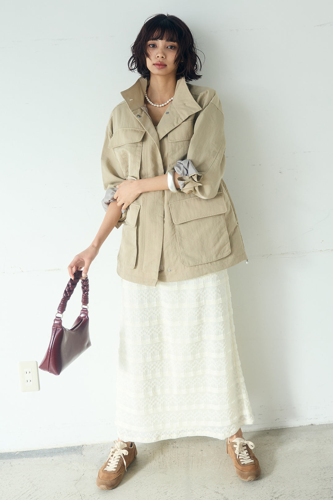 [SET]ナイロンツイルフィールドジャケット+ジャガードカットソータイトスカート(2set)